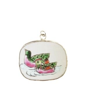 Vintage Hand Painted Pottery Shard Mandarin Duck Pendant Porcelain Bird Jewelry
